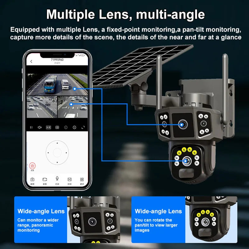 Cámara de seguridad inalámbrica 6K de 12 MP con movimiento horizontal y vertical; cámara IP WiFi para exteriores de 5 MP con SIM 4G, alimentación solar/batería; cámaras de vigilancia PT de 3 MP.