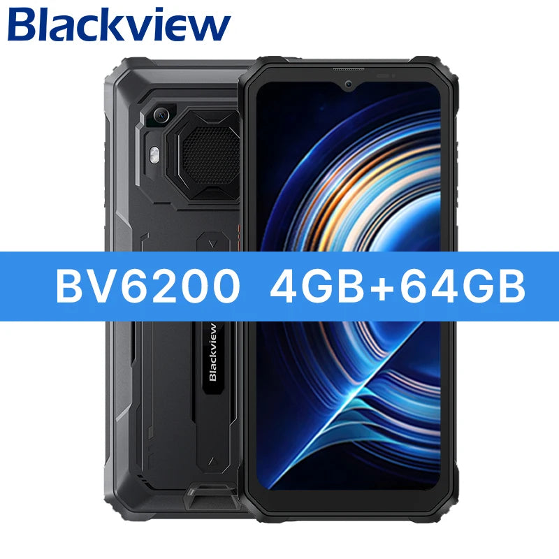 Teléfono resistente Blackview BV6200 con pantalla IPS HD+ de 6,56 pulgadas, batería de 13000 mAh, 8 GB (4+4) de RAM, 64 GB de almacenamiento, cámara de 13 MP, GPS, Android 13 y certificación IP68/IP69K.