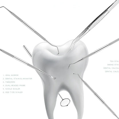 Juego de herramientas de acero inoxidable para dentistas, 4, 5 y 6 piezas, pinzas, azada, hoz, raspador, espejo, limpieza de sarro.