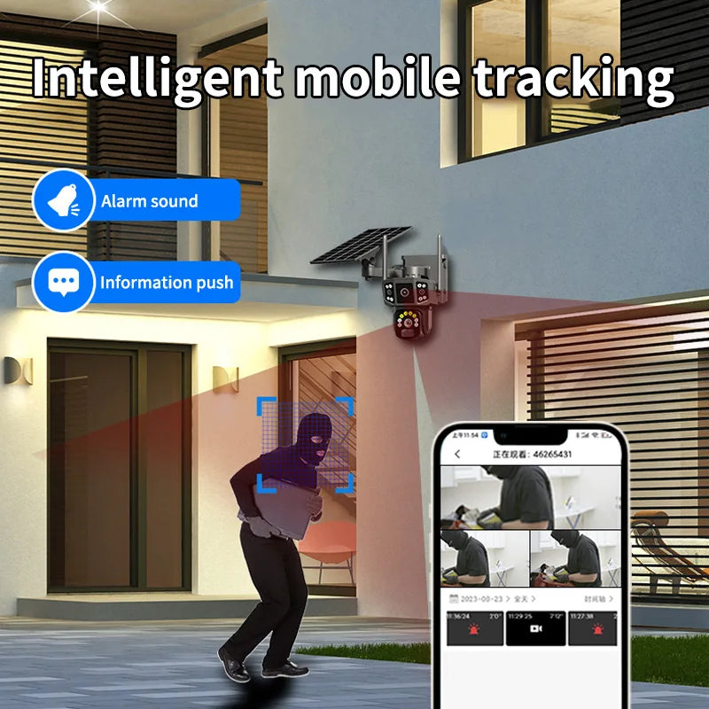 Cámara de seguridad inalámbrica 6K de 12 MP con movimiento horizontal y vertical; cámara IP WiFi para exteriores de 5 MP con SIM 4G, alimentación solar/batería; cámaras de vigilancia PT de 3 MP.