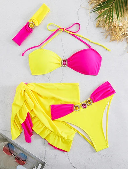 Bikini triangular amarillo sexy 2025 con detalle de encaje, ideal para playa, fiestas en la piscina y escapadas de verano.