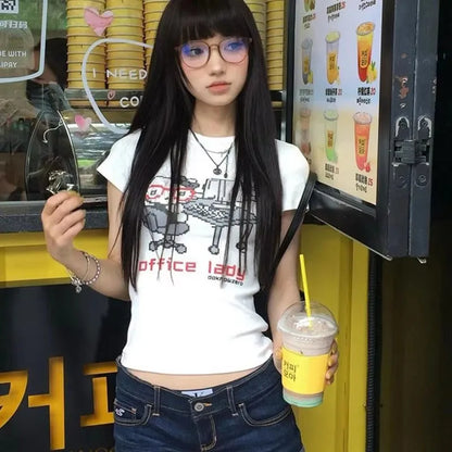 Camiseta con estampado de dibujos animados de Hello Kitty de Sanrio para mujer, ropa de manga corta ajustada, estilo japonés, camisetas blancas de verano Y2k