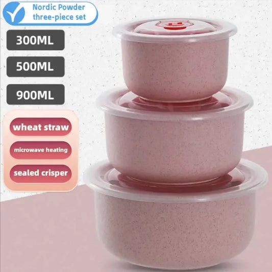 Juego de 3 loncheras redondas de trigo con tapa, aptas para microondas, recipientes sellados, caja de almacenamiento para utensilios de cocina.