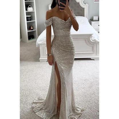 Vestido de fiesta sexy con abertura lateral y lentejuelas brillantes para mujer, de poliéster, sin bordes, ligero y a la moda.