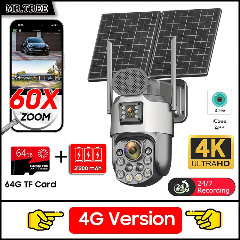 Cámara de seguridad exterior solar 4K con SIM 4G, 2 lentes/pantalla, zoom óptico 60x, seguimiento automático, PTZ 360°, videovigilancia doméstica IP.