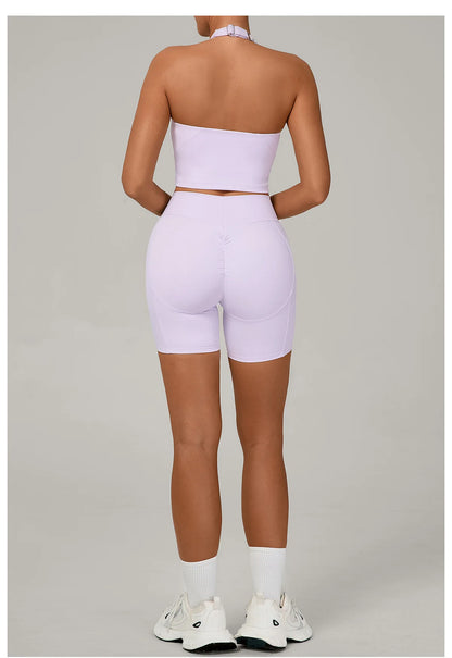 Ctenkevet - Conjunto de 2 piezas de sujetador halter sin espalda para mujer, ropa deportiva de secado rápido para gimnasio, conjunto deportivo femenino de dos piezas con pantalones cortos