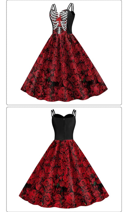 Halloween Costume Skeleton Rose Print Women Girl Female Goth Horror Rockabilly Carnival Fancy Dress Up Party Performance