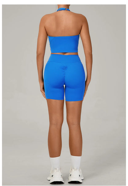 Ctenkevet - Conjunto de 2 piezas de sujetador halter sin espalda para mujer, ropa deportiva de secado rápido para gimnasio, conjunto deportivo femenino de dos piezas con pantalones cortos