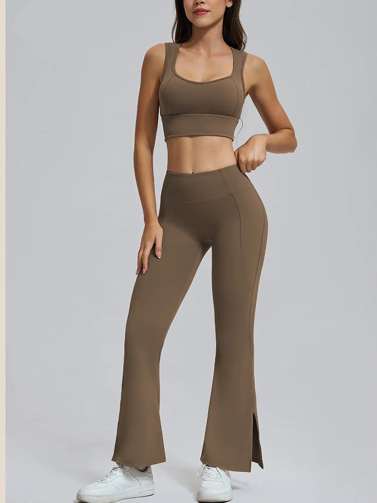 Conjuntos de yoga para mujer, sujetador deportivo con espalda hueca y amortiguación, leggings de cintura alta y acampanados, ropa de gimnasio, ropa para correr y entrenar.