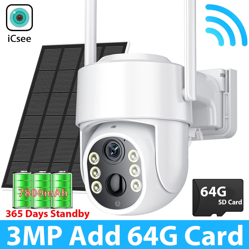 Cámara de seguridad exterior inalámbrica ICSEE de 8 MP, 4K, Wi-Fi, doble lente, 8MP, 4K, solar, con batería de 7800 mAh y 365 días de autonomía en espera.