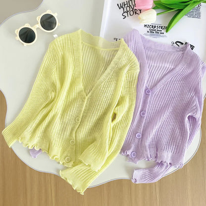 Ropa para niños, cárdigan de punto para niñas, novedad de verano 2025, estilo extranjero, camisa fina con protección solar para bebés.
