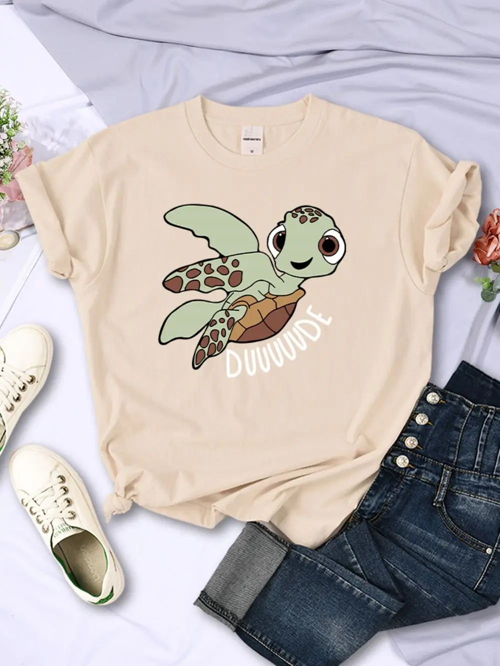 Camisetas sencillas para mujer, con estampado de letras de tortuga de dibujos animados, camisetas cómodas y suaves con cuello redondo, ropa informal de verano para mujer