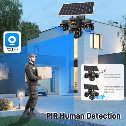 Cámara solar inalámbrica WiFi DIFANG V380 Pro para exteriores con tres pantallas, tarjeta SIM 4G y batería. Sistema de videovigilancia solar con tres lentes y batería.