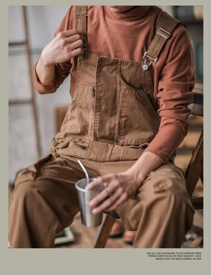 Retro American Cotton Overalls Bibs Loose Washing Jumpsuit Men's Suspenders Four Seasons Full Length Baggy Pants