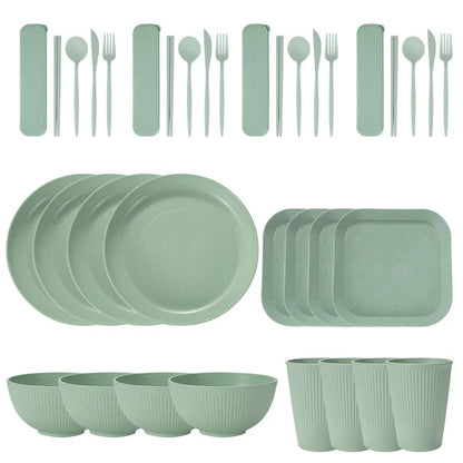 Juego de 36 platos de paja de trigo ecológicos para ramen, vajilla para cena, juego de vajilla para acampar con cuchillo, tenedor y cuchara.