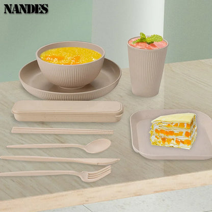 Juego de 36 platos de paja de trigo ecológicos para ramen, vajilla para cena, juego de vajilla para acampar con cuchillo, tenedor y cuchara.