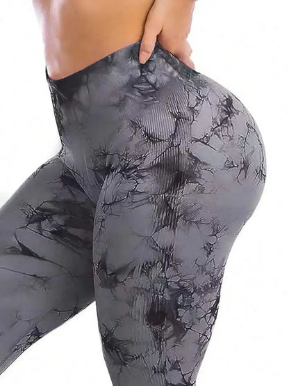 Pantalones de yoga de diseño, teñidos con la técnica tie-dye, cintura ancha, corte ajustado, sin costuras, efecto melocotón en la cadera, pantalones deportivos.