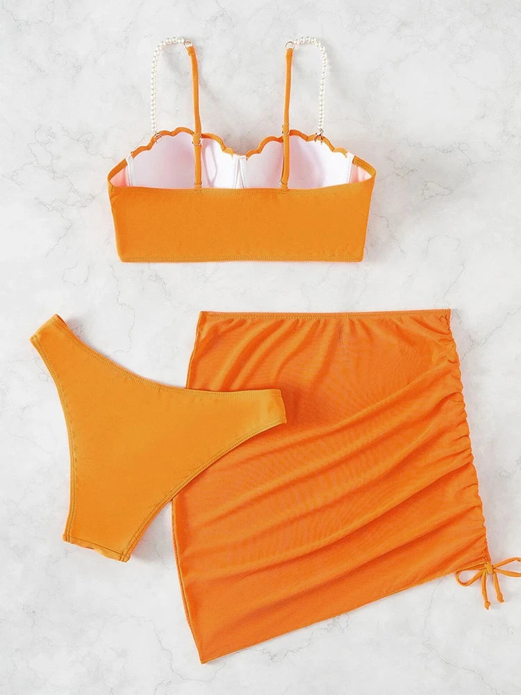 Conjunto de bikini sexy de 3 piezas para mujer, traje de baño con falda, novedad de 2023, bikini push up para mujer, ropa de playa con perlas sintéticas.
