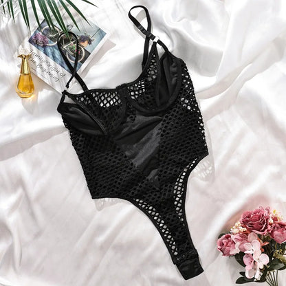 Body de encaje de malla de cintura alta para mujer, lencería erótica moldeadora, una pieza, ropa interior sensual, elegante.