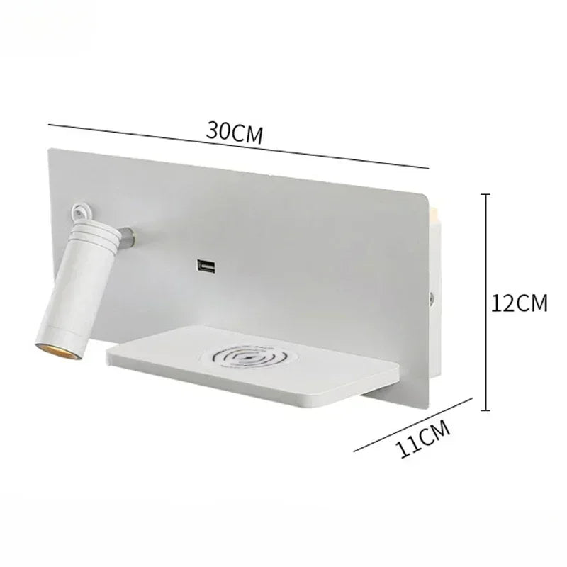 Lámpara de pared LED, luz de lectura, dormitorio, teléfono, carga inalámbrica, carga USB, luces de pared giratorias, lámpara de lado para sala de estar