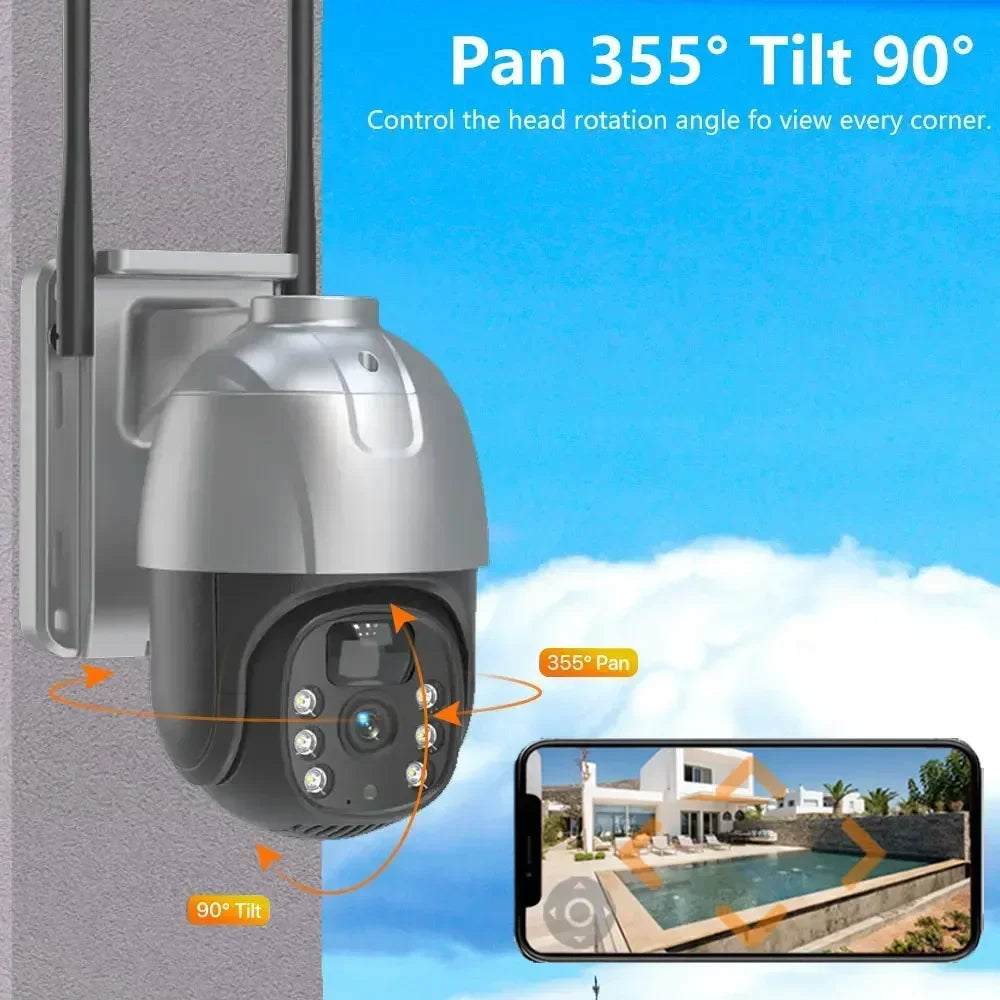 Cámara IP PTZ solar EseeCloud de 5 MP con WiFi, batería integrada, detección PIR, videovigilancia y audio bidireccional para seguridad exterior.