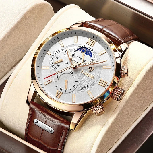 Nuevos relojes LIGE para hombre, marca superior de lujo, reloj de pulsera para hombre, reloj de cuarzo de cuero, reloj deportivo resistente al agua para hombre, reloj Masculino