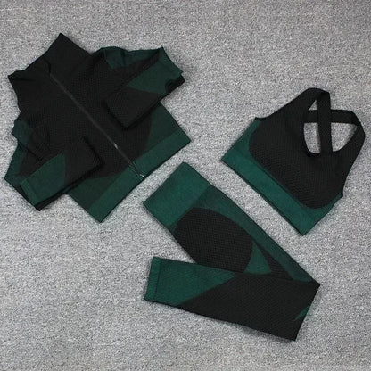 Conjunto de 3 piezas de yoga sin costuras, chaleco deportivo de fitness, pantalones de cintura alta que levantan la cadera, ropa de entrenamiento, conjunto de leggings de gimnasio para mujer