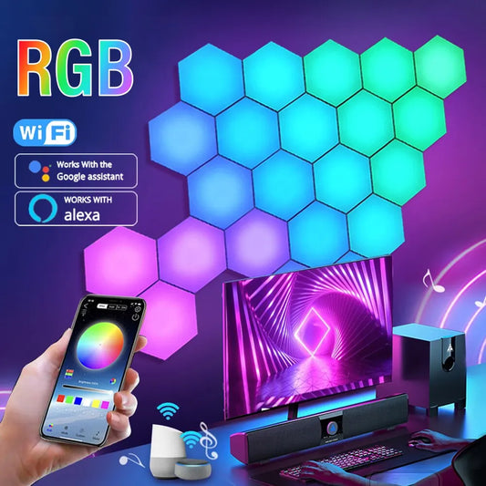 Lámpara de pared hexagonal inteligente RGB con luz ambiental nocturna que cambia de color, forma personalizable, control por app al ritmo de la música, ideal para sala de juegos o dormitorio.