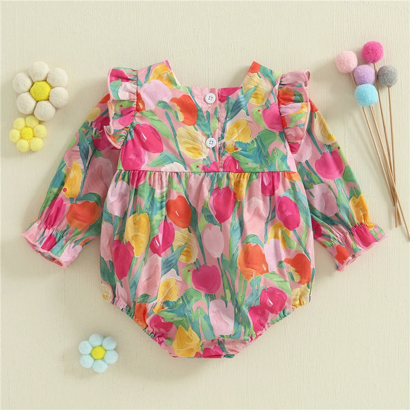 Ropa de bebé para niñas, primavera y otoño, mono con estampado floral y volantes de manga larga, ropa dulce para recién nacidos.