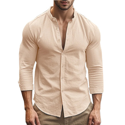 Camisas Henry para hombre, de algodón y lino, corte ajustado, informales, hawaianas, de color liso, estilo básico, para primavera y verano, transpirables.