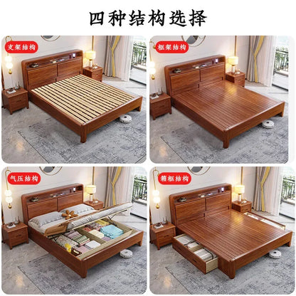 Cama de madera maciza de nogal Moderna sencilla con almacenamiento Nueva cama de boda para dormitorio principal chino