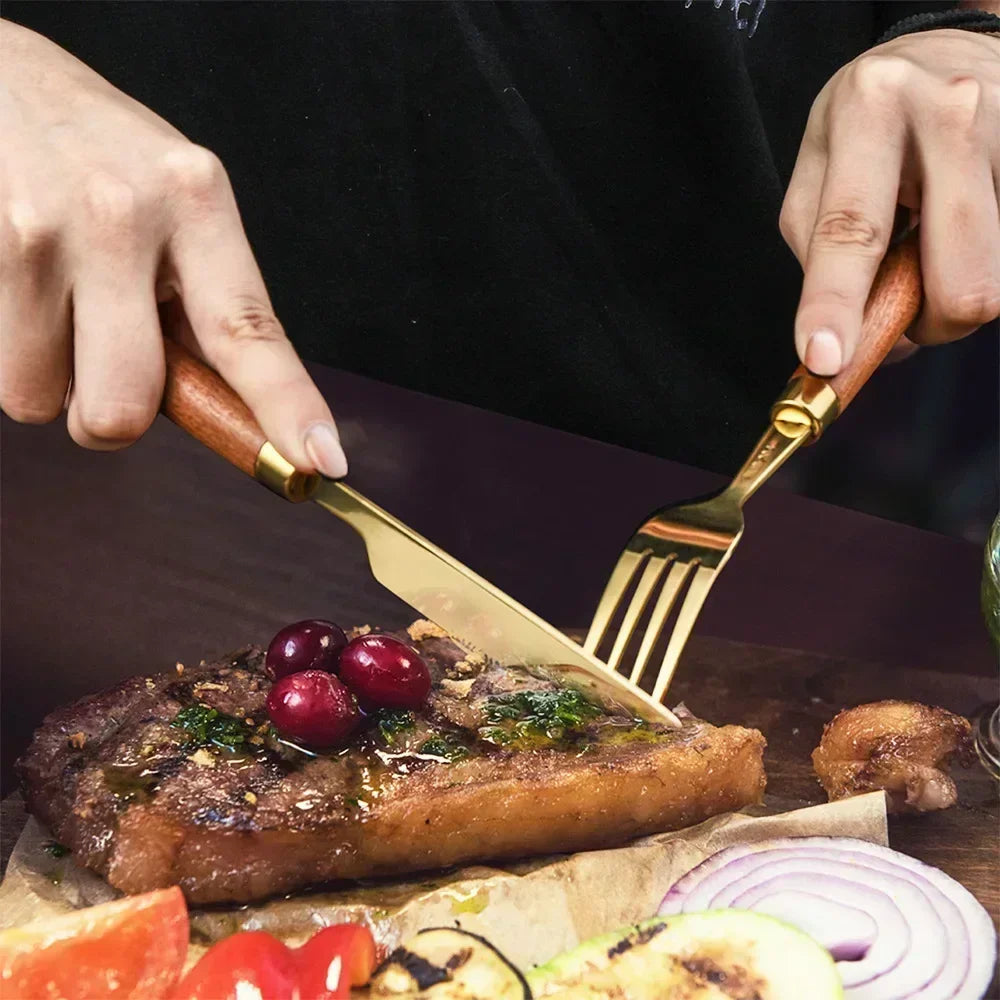 Juego de 4 cubiertos con mango de madera de acero inoxidable, cuchillo, tenedor y cuchara, apto para lavavajillas.