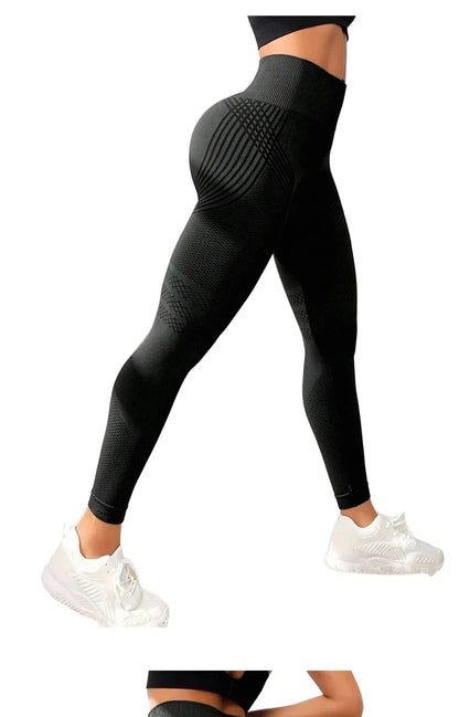 Pantalones de yoga de punto de cintura alta para mujer, pantalones largos de fitness, tejido integrado, banda elástica, pantalones deportivos, populares, efecto melocotón en los glúteos.
