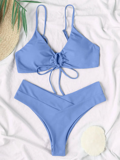 Nuevo conjunto de bikini de alta elasticidad para verano de 2025, dos piezas, color sólido, con cordones, traje de baño sexy para mujer, traje de baño de playa.
