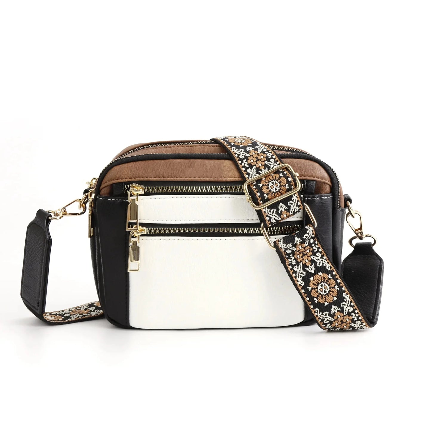 Bolso bandolera multifuncional con cremallera y bloques de colores, de piel sintética, tipo cartera de un solo hombro, con correa ajustable para el hombro.