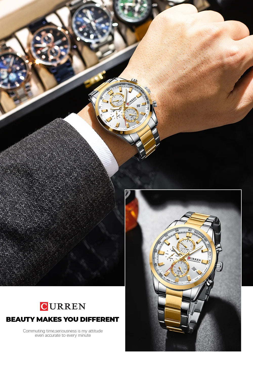 Reloj deportivo CURREN de cuarzo con cronógrafo para hombre - Pulsera de acero inoxidable y esfera multifuncional