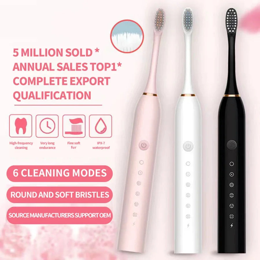 Cepillo de dientes eléctrico ultrasónico de seis velocidades, para el hogar, suave, con carga USB, impermeable, limpiador de dientes automático para adultos, juego para parejas