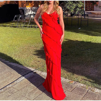 Vestido largo de gasa con volantes para mujer, estilo maxi, con espalda descubierta y abertura, ideal para fiestas de graduación, bodas y eventos de verano. Vestido largo y elegante.