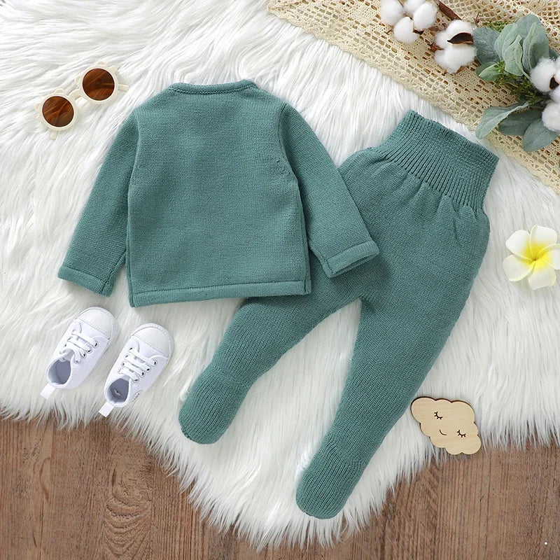 Conjunto de ropa para bebé, jersey de punto a la moda, liso, cálido, pantalones y leggings de otoño para recién nacido, niña y niño, pantalones de manga larga, 2 piezas