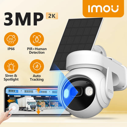 Cámara de seguridad IMOU Cell PT Lite de 3 MP con batería, paneles solares, visión nocturna a color, protección Wi-Fi y protección para exteriores.
