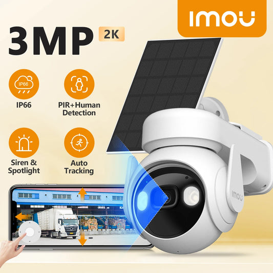 Cámara de seguridad IMOU Cell PT Lite de 3 MP con batería, paneles solares, visión nocturna a color, protección Wi-Fi y protección para exteriores.