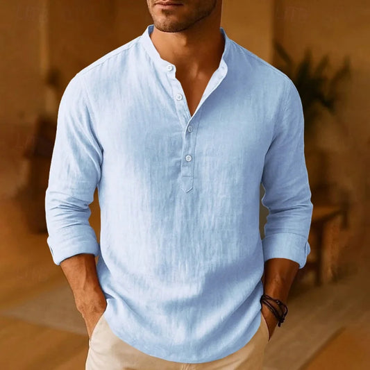 Camisas casuales para hombre, ligeras, de manga larga, estilo Henley, de algodón, ideales para la playa. Camisas de lino estilo hawaiano, transpirables, con cuello.