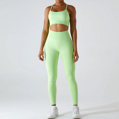 Conjunto de yoga de dos piezas para mujer, sujetador deportivo con espalda cruzada de color liso, top color miel melocotón, leggings de secado rápido para realce de cadera, traje deportivo de fitness