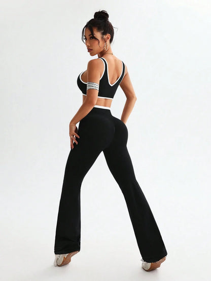 Conjunto deportivo con tirantes anchos y bloqueo de color, conjunto deportivo de una pieza para yoga y fitness con control de abdomen para mujer a prueba de golpes