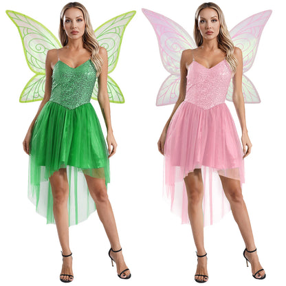 Womens Halloween Green Princess Dress Forest Tinker Costumes Bell Dress with Fairy Tale Wings for Carnival Roleplay Dress Up