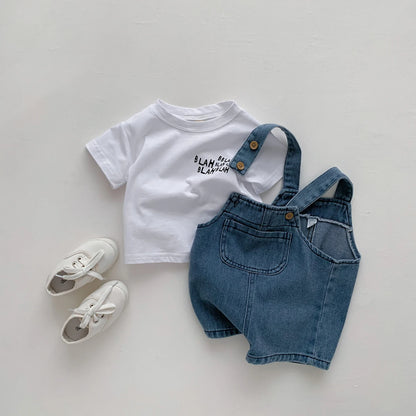 Ropa de bebé para niñas y niños, camiseta con mono vaquero, conjunto de ropa para recién nacidos, 2 piezas