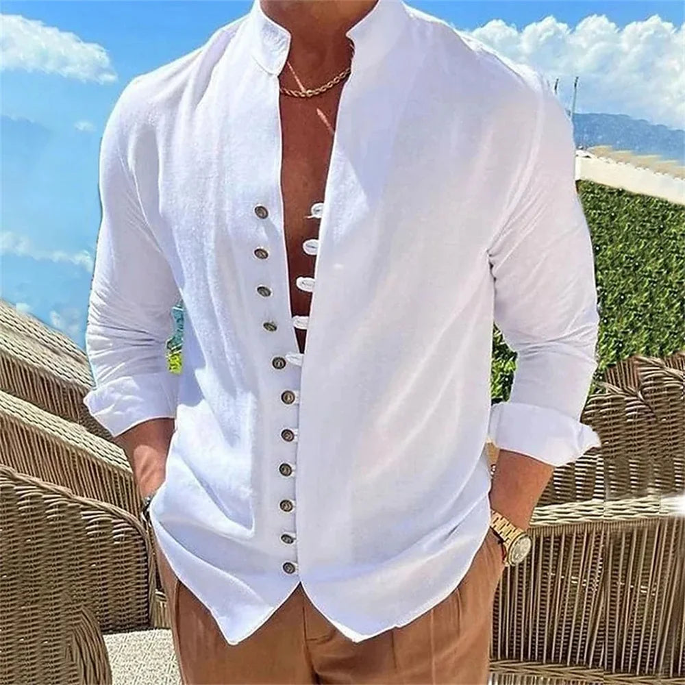 Camisa de lino y algodón para hombre, de primavera y otoño, gran oferta, camisas de manga larga para hombre, color liso, con botones, estilo informal, talla grande