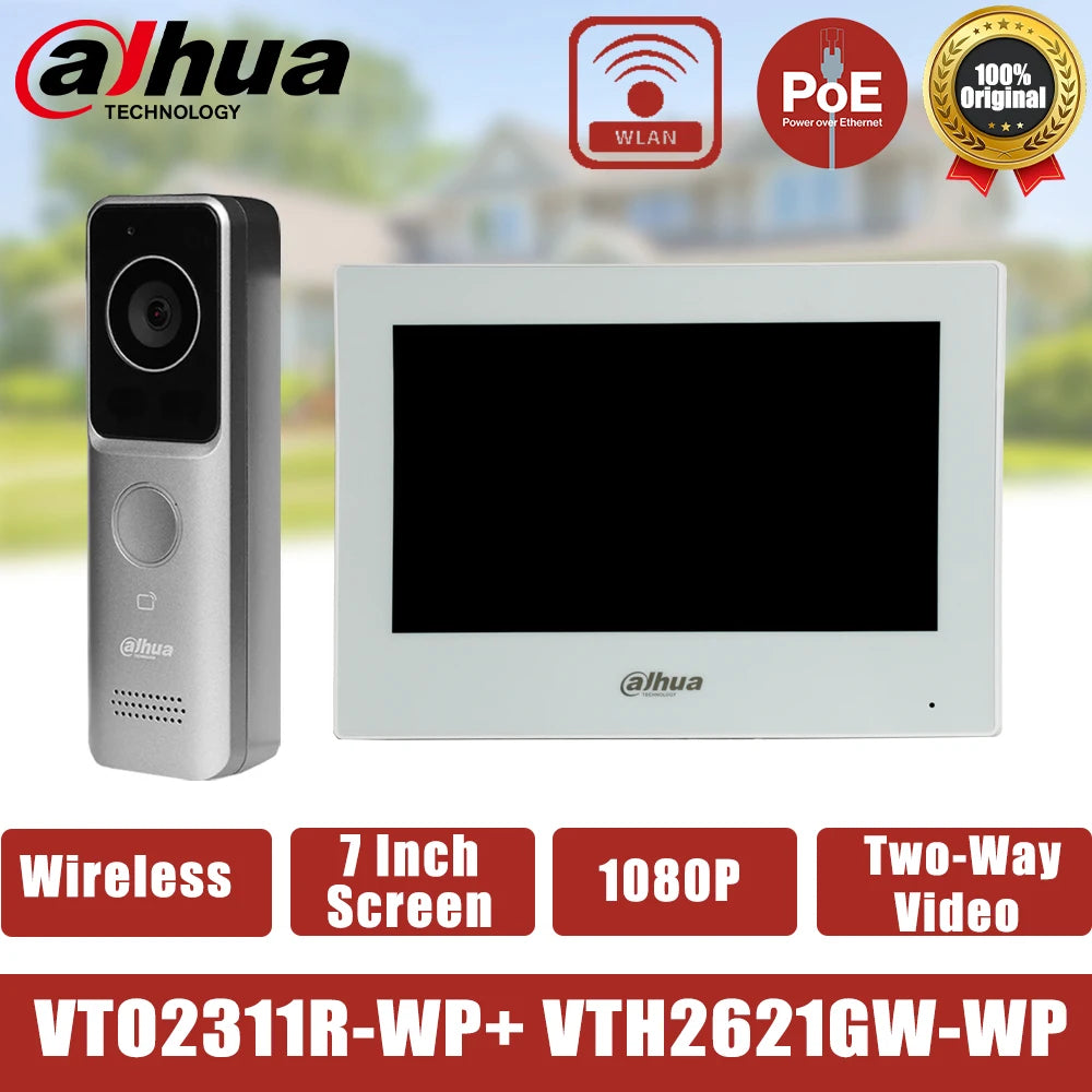 Dahua KTW02 Kit de videoportero IP PoE Sistema de monitor de vídeo WiFi inteligente VTO2311R-WP Timbre con pantalla de 7 pulgadas VTH2621G-WP