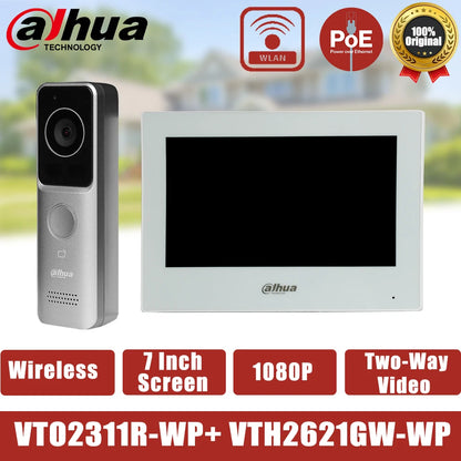 Dahua KTW02 Kit de videoportero IP PoE Sistema de monitor de vídeo WiFi inteligente VTO2311R-WP Timbre con pantalla de 7 pulgadas VTH2621G-WP