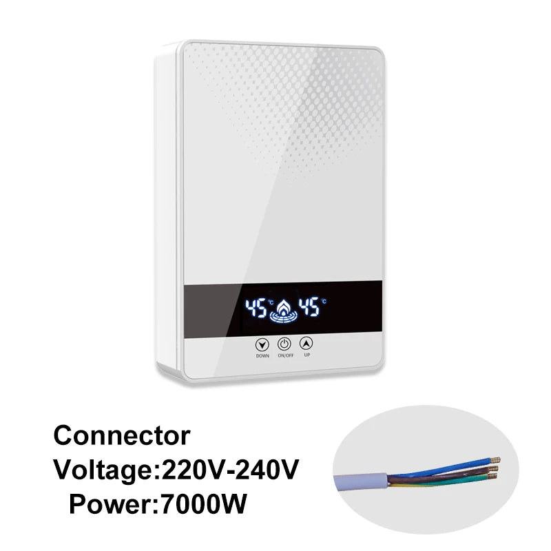 Calentador de agua eléctrico instantáneo sin tanque para ducha, baño y bañera, 220 V, 7000 W, con control automático de temperatura, para uso doméstico y hotelero.
